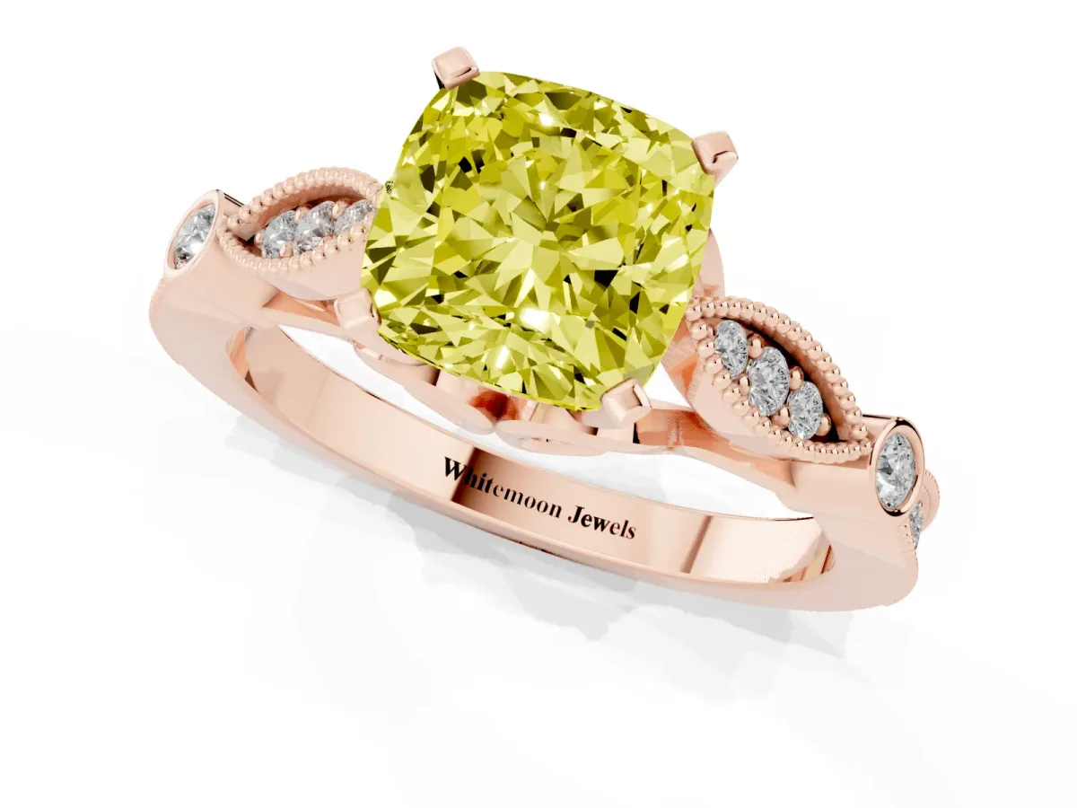 Fancy Yellow Cushion Cut Cut Diamond with Milgrain Marquise and Bezel Accents on a Solitaire Band with Prong Setting Rose gold