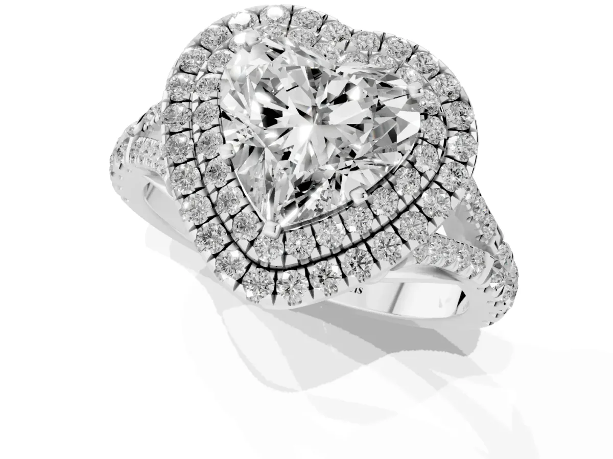 Heart Cut Cut Double Halo Split Shank Diamond Ring with Prong Setting Silver