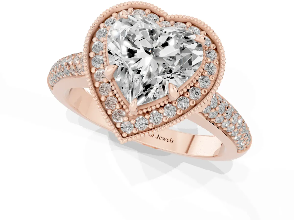 Heart Cut Cut Halo Diamond Pave Band with Four-Prong Setting Rose gold