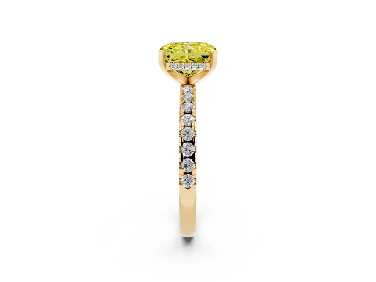Fancy Yellow Radiant Cut Diamond Solitaire Ring with Round Pavé Band and Four-Prong Setting Yellow gold