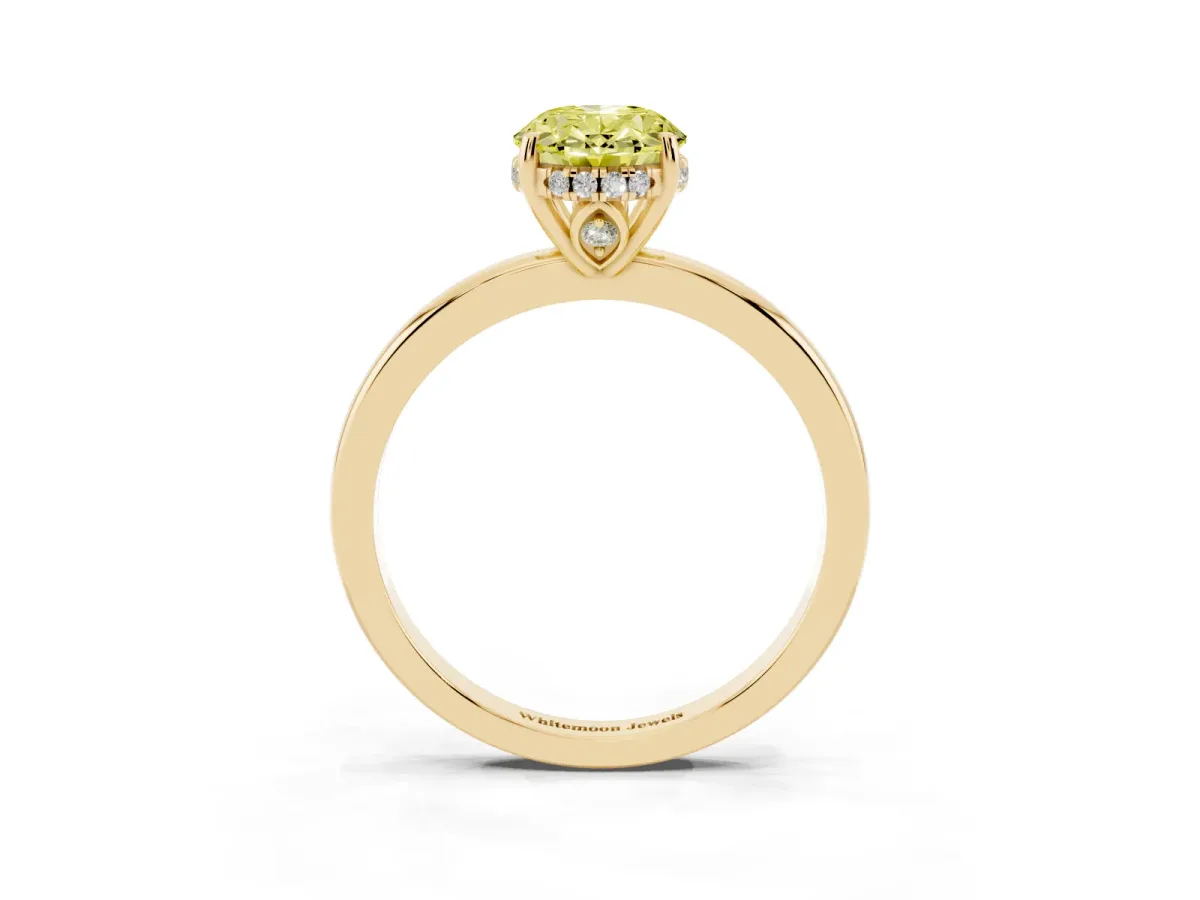 Fancy Yellow Oval Cut Solitaire Diamond Ring with Prong Setting and Plain Band Yellow gold