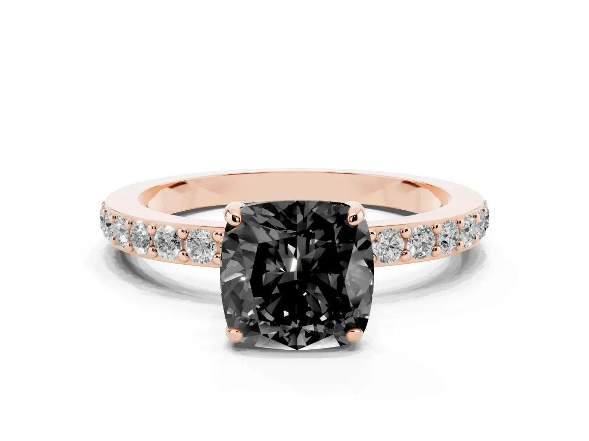 Fancy Black Cushion Cut Diamond Solitaire Engagement Ring with Pavé Band and Four-Prong Setting Rose gold