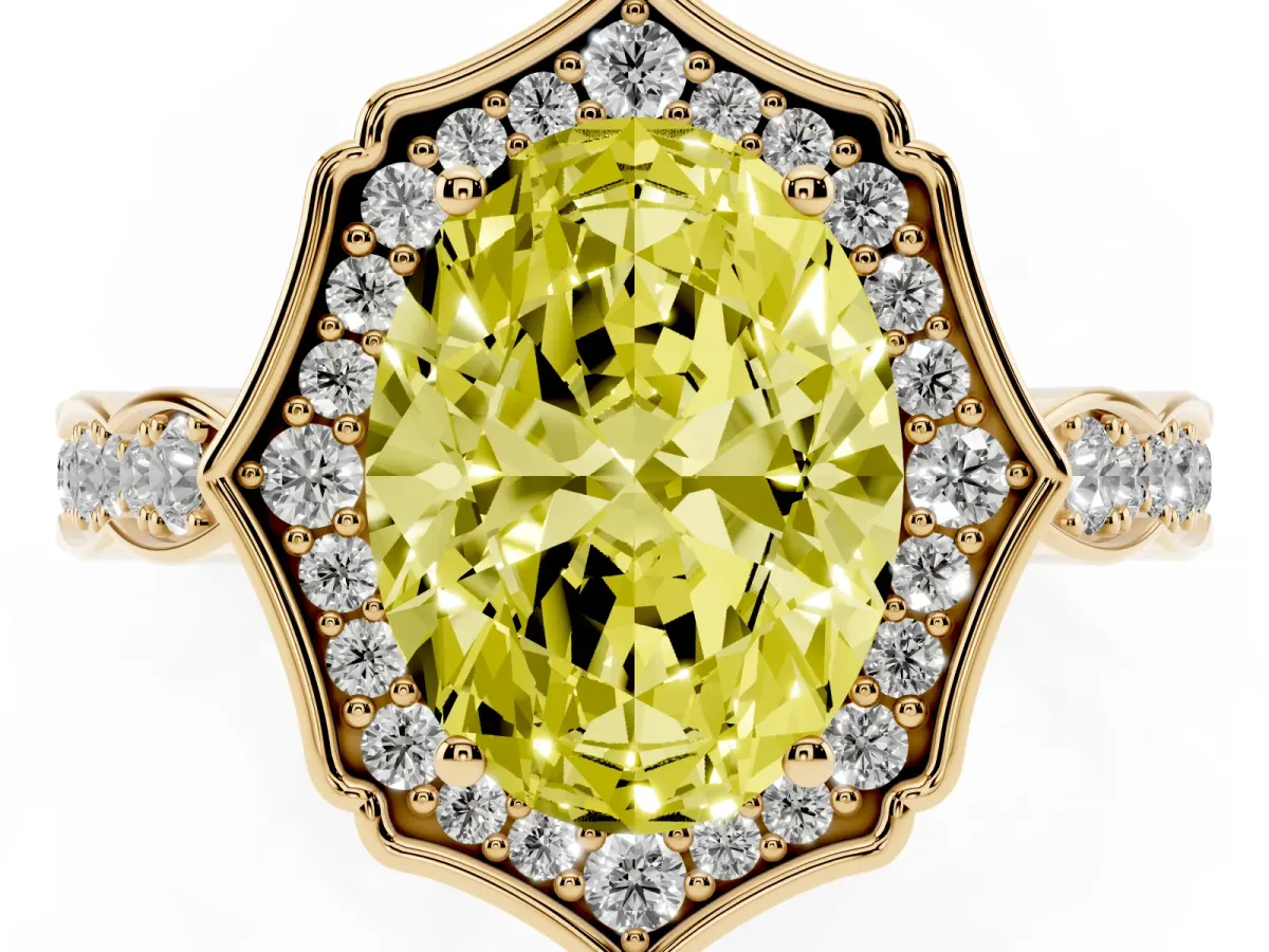 Fancy Yellow Oval Cut Halo Diamond Engagement Ring with Milgrain Band and Four-Prong Setting Yellow gold