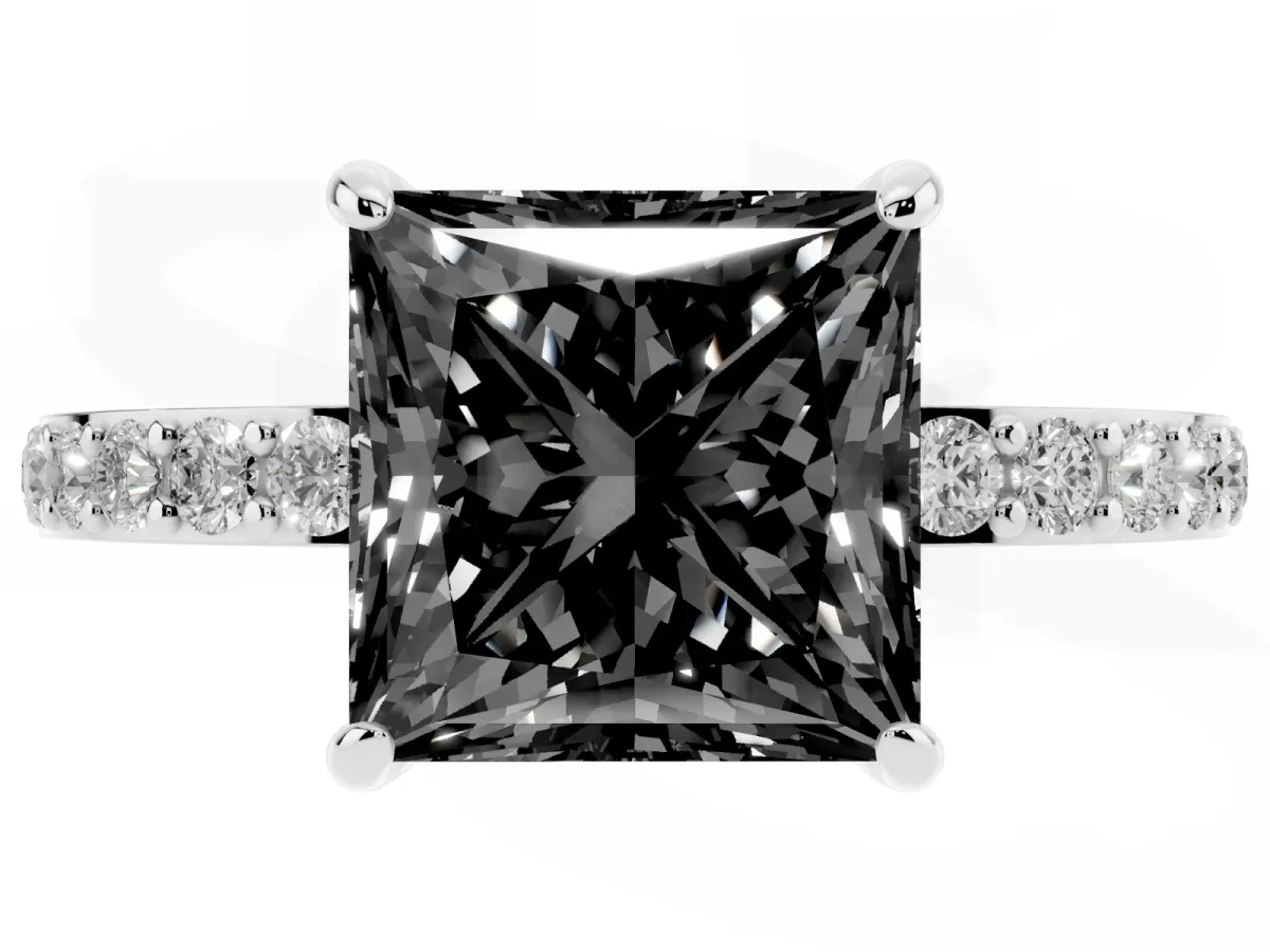Fancy Black Princess Cut Diamond Solitaire Engagement Ring with Pavé Band and Four-Prong Setting Platinum