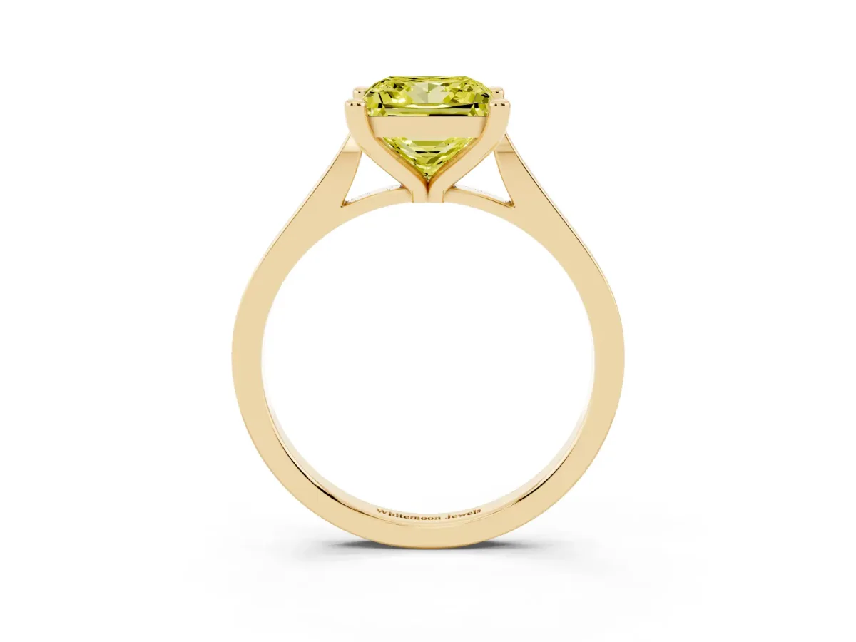 Fancy Yellow Princess Cut Solitaire Diamond Ring with Four-Prong Setting and Tapered Band Yellow gold