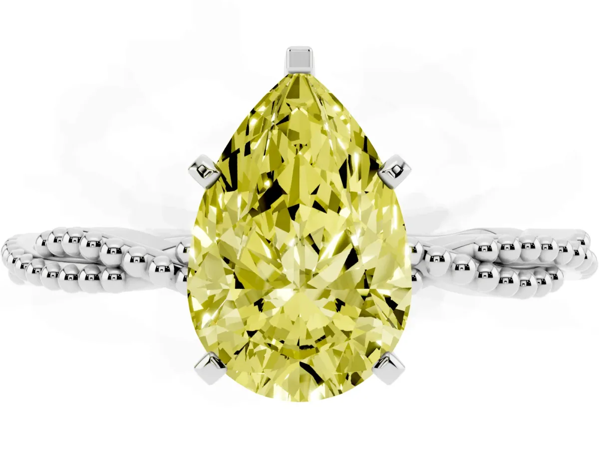 Fancy Yellow Pear Cut Solitaire Twisted Band with Bead Prong Setting Silver