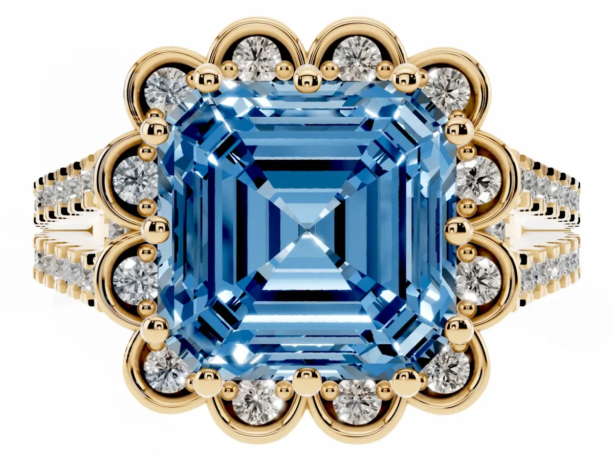 Fancy Blue Asscher Cut Halo Diamond Floral Split Shank Engagement Ring Yellow gold