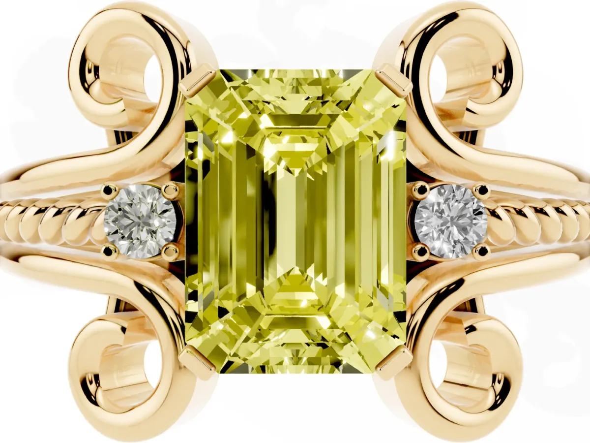 Fancy Yellow Emerald Cut Solitaire Twisted Band Scroll Prong Ring Yellow gold