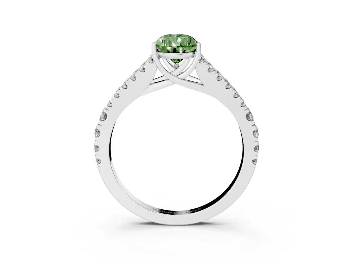 Fancy Green Pear Cut Diamond Split Shank Pavé Engagement Ring with Four-Prong Setting Platinum