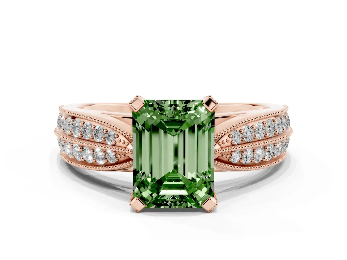 Fancy Green Emerald Cut Diamond Solitaire Ring with Milgrain Round Pavé Band and Prong Setting Rose gold