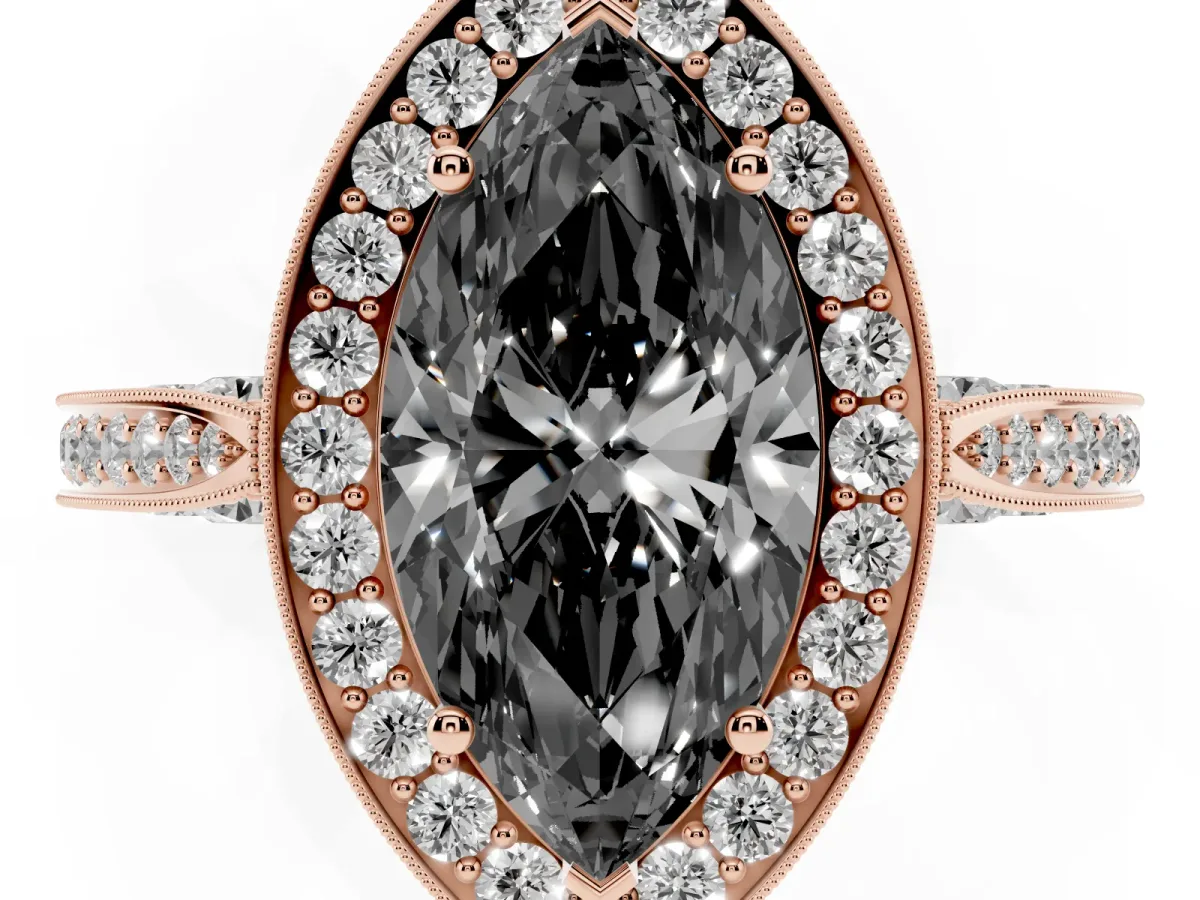 Fancy Black Marquise Cut Halo Diamond Engagement Ring with Split Shank Band and Four-Prong Setting Rose gold