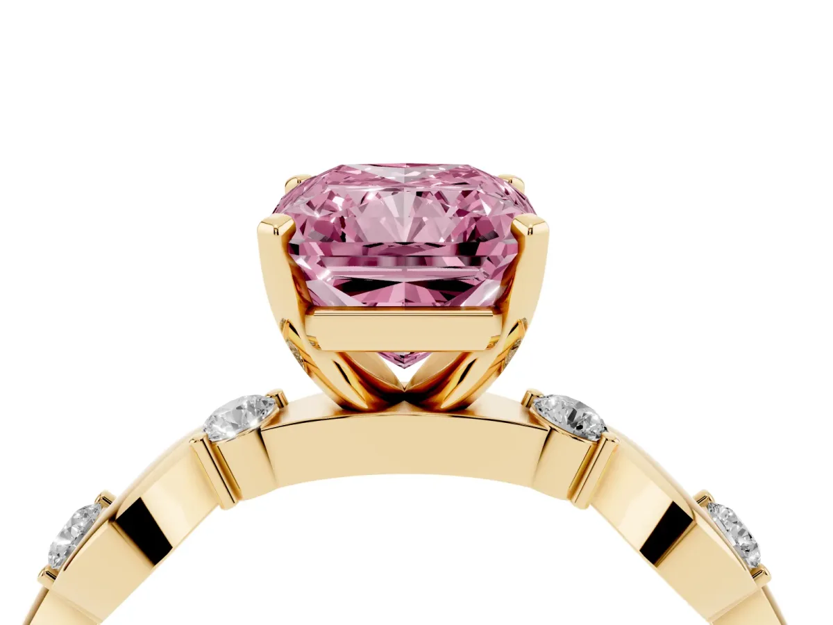 Fancy Pink Radiant Cut Diamond Solitaire Twisted Band with Round Accents and Prong Setting Yellow gold