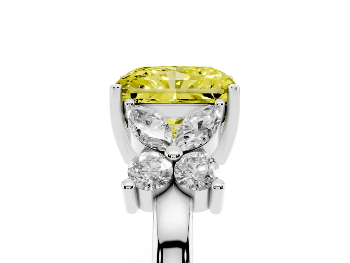 Fancy Yellow Radiant Cut Diamond Floral Cluster Ring with Solitaire Band and Prong Setting Silver