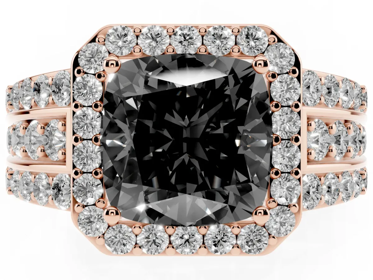 Fancy Black Cushion Cut Halo Diamond Ring with Round Split Shank and Prong Setting Rose gold