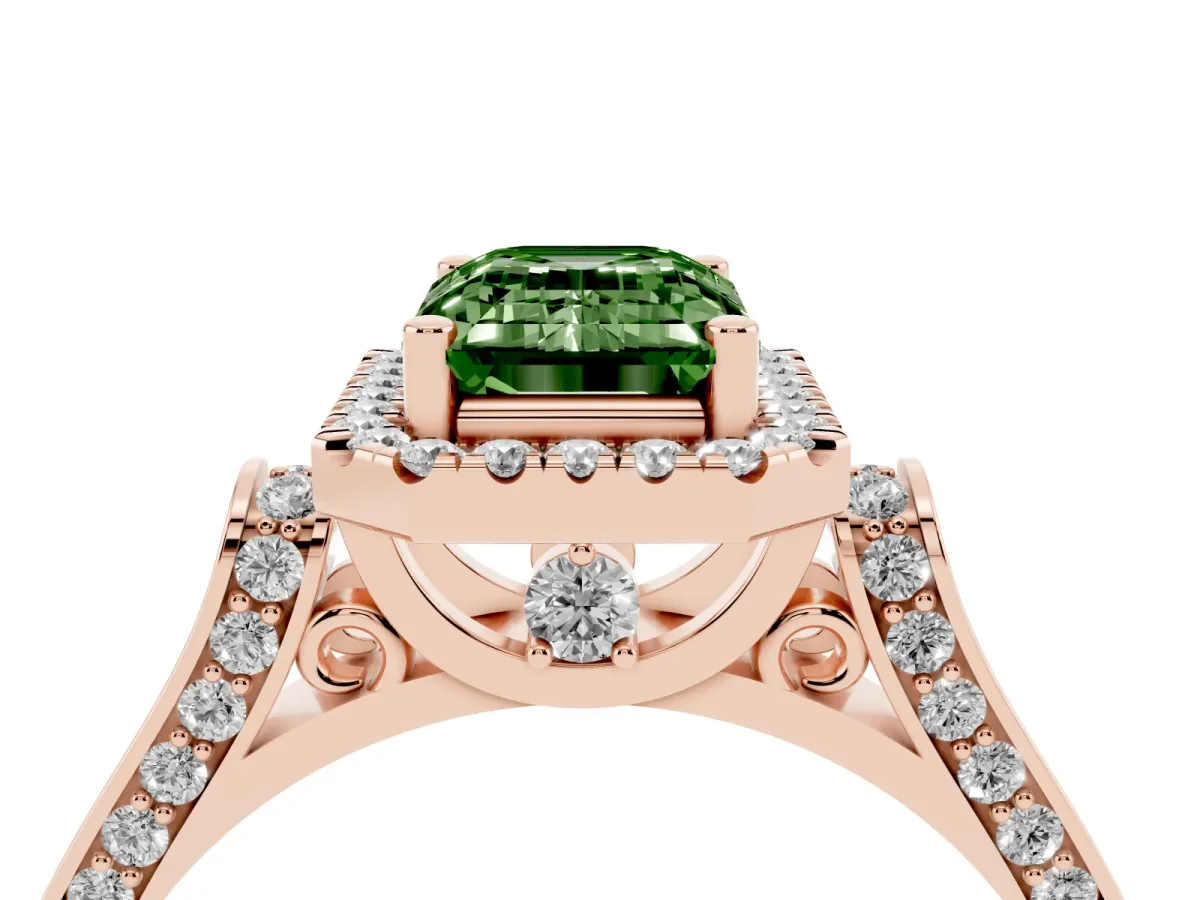 Fancy Green Emerald Cut Halo Round Diamond Twist Band with Four-Prong Setting Rose gold