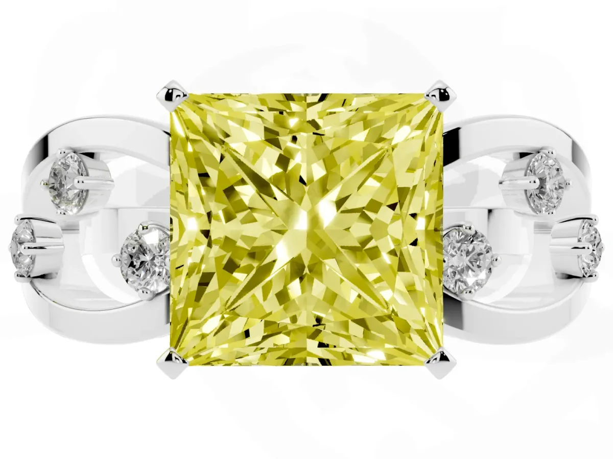 Fancy Yellow Princess Cut Cut Solitaire Diamond with Side Stones on Criss-Cross Band and Four-Prong Setting Silver