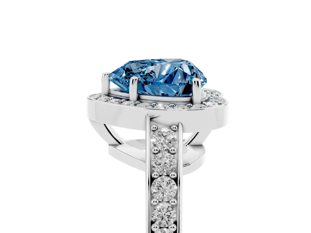 Fancy Blue Heart Cut Halo Pavé Diamond Engagement Ring with Bezel Setting Platinum