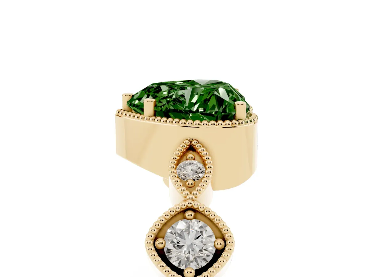 Fancy Green Heart Cut Diamond Vintage Milgrain Ring with Round Stations Yellow gold
