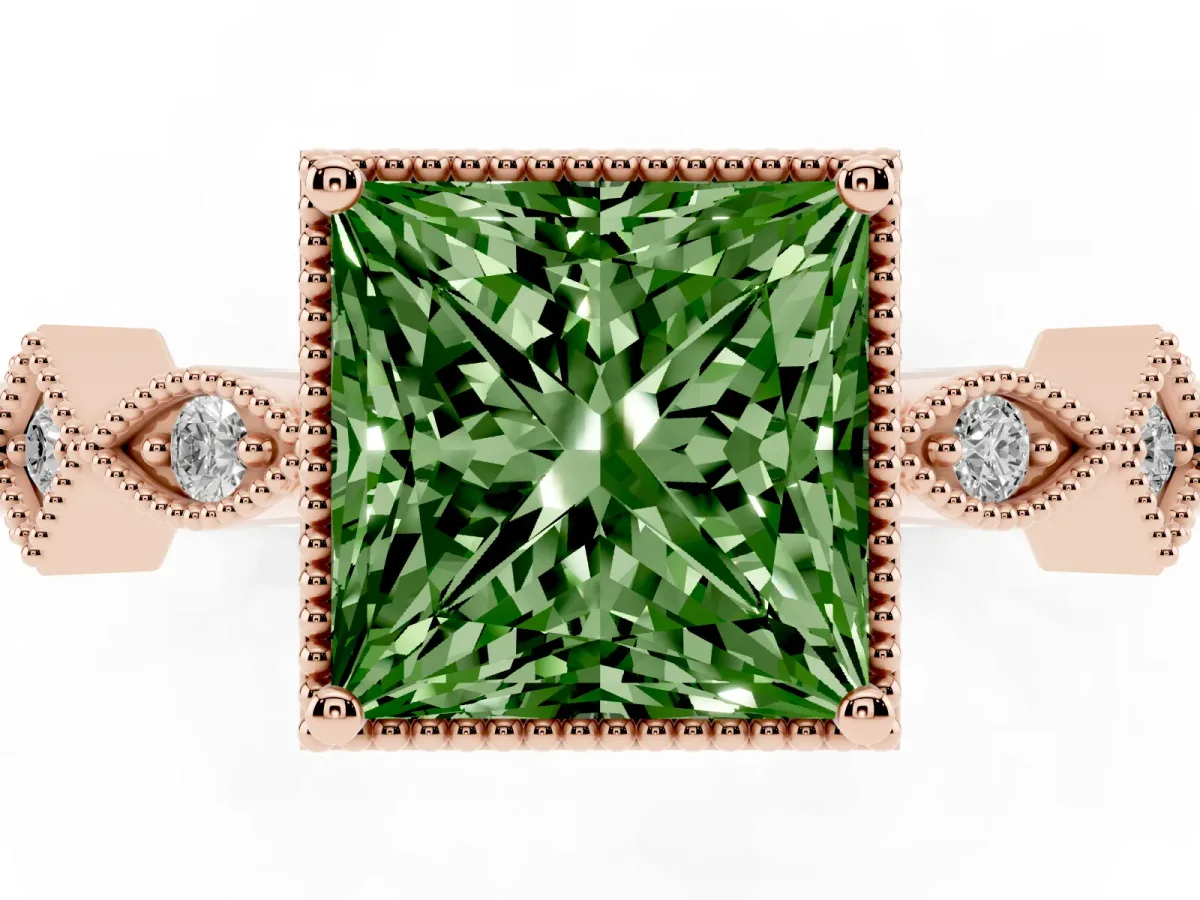 Fancy Green Princess Cut Milgrain Marquise Diamond Twist Band Ring Rose gold