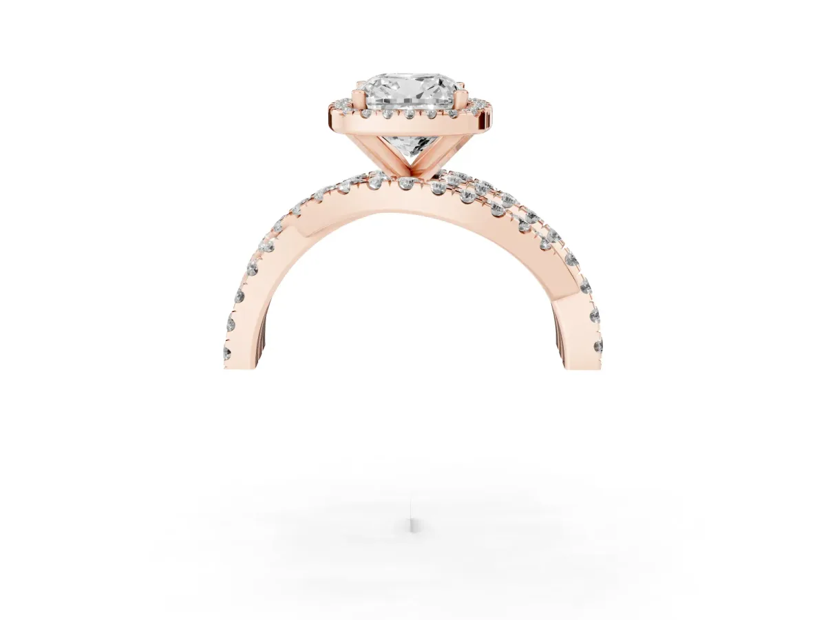 Cushion Cut Diamond Halo Ring with Round Split Shank and Prong Setting Rose gold
