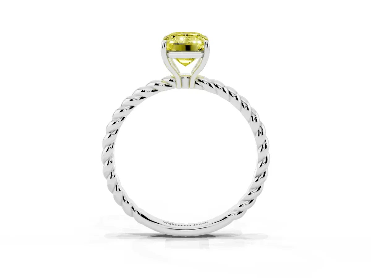Fancy Yellow Emerald Cut Solitaire Twist Band Ring with Four-Prong Setting Platinum