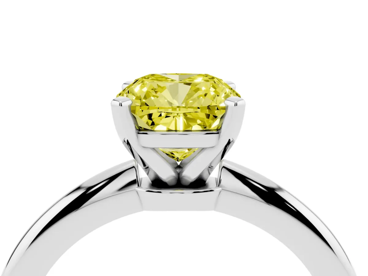 Fancy Yellow Cushion Cut Diamond Solitaire Ring with Prong Setting and Classic Band White gold