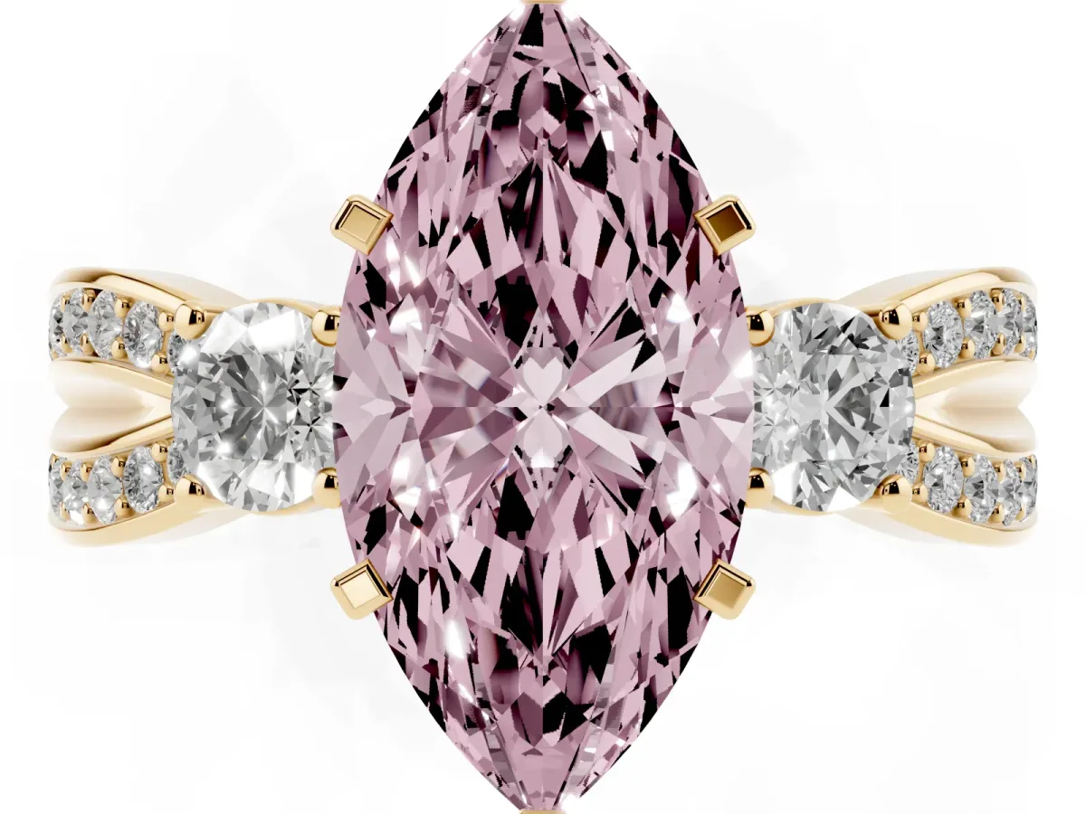 Fancy Pink Three-Stone Marquise Cut Cut Diamond Twist Band with Prong Setting Yellow gold