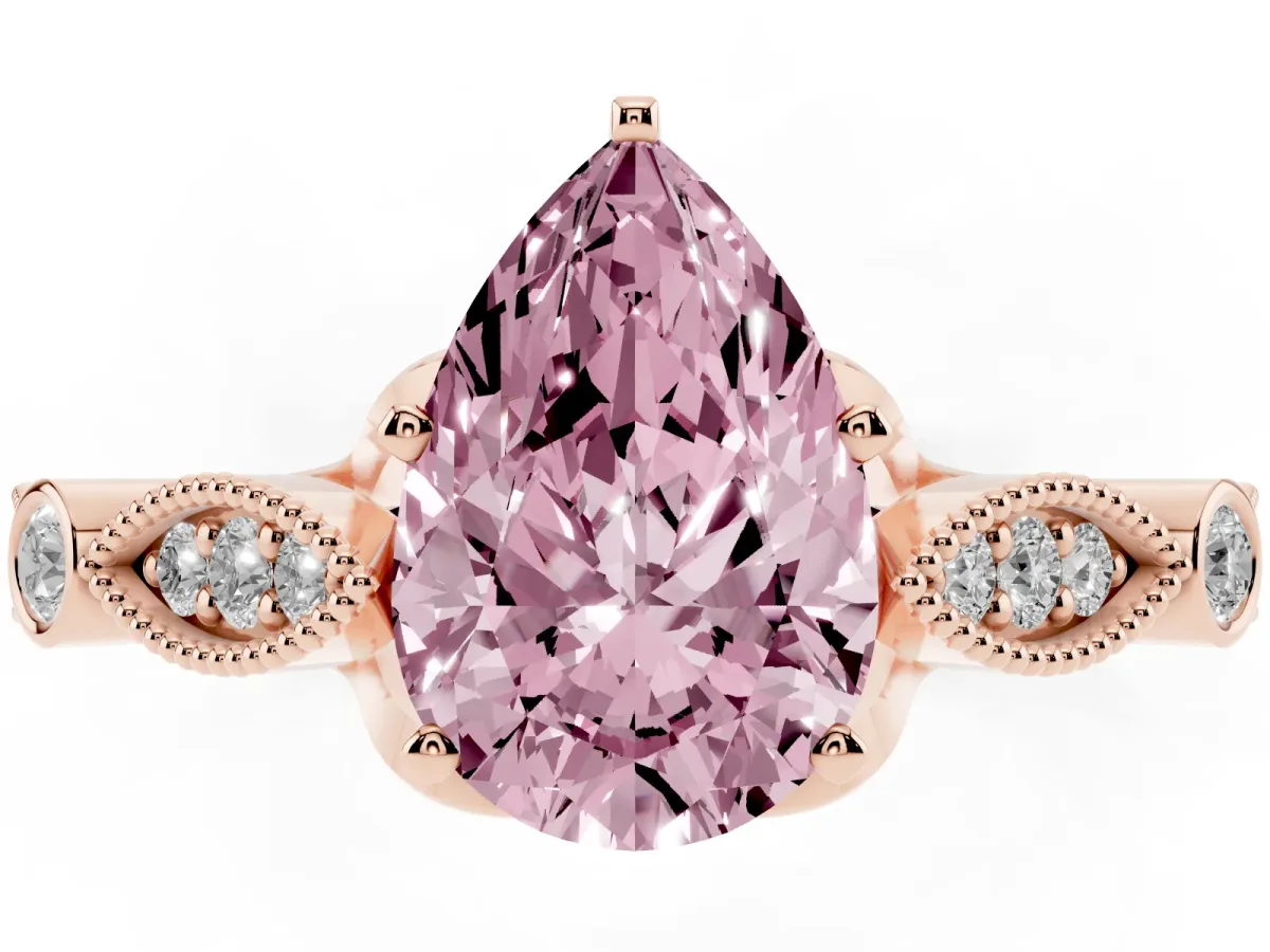 Fancy Pink Pear Cut Cut Diamond with Milgrain Marquise and Bezel Accents on a Solitaire Band with Prong Setting Rose gold