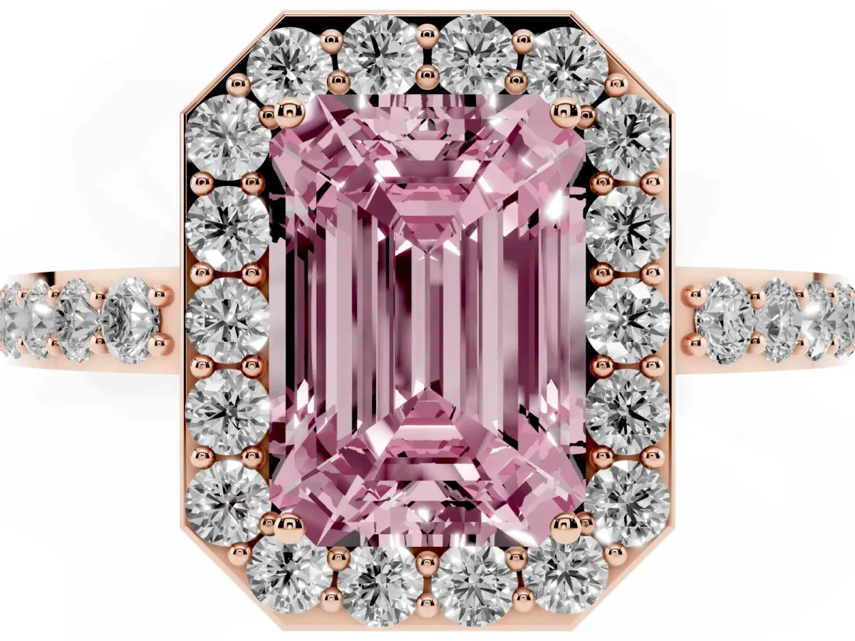 Fancy Pink Emerald Cut Halo Diamond Pavé Band Ring with Prong Setting Rose gold