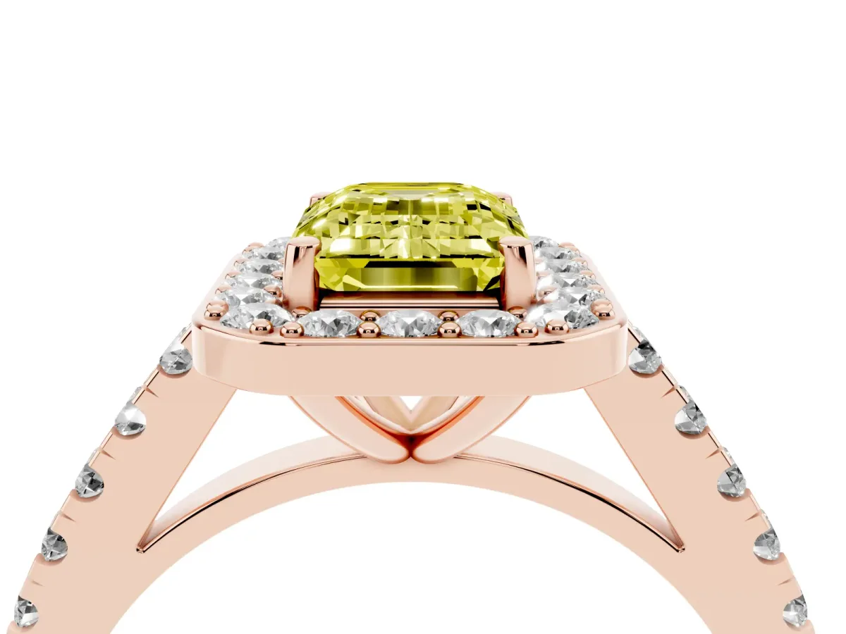 Fancy Yellow Emerald Cut Diamond Halo Ring with Round Pavé Split Shank and Prong Setting Rose gold