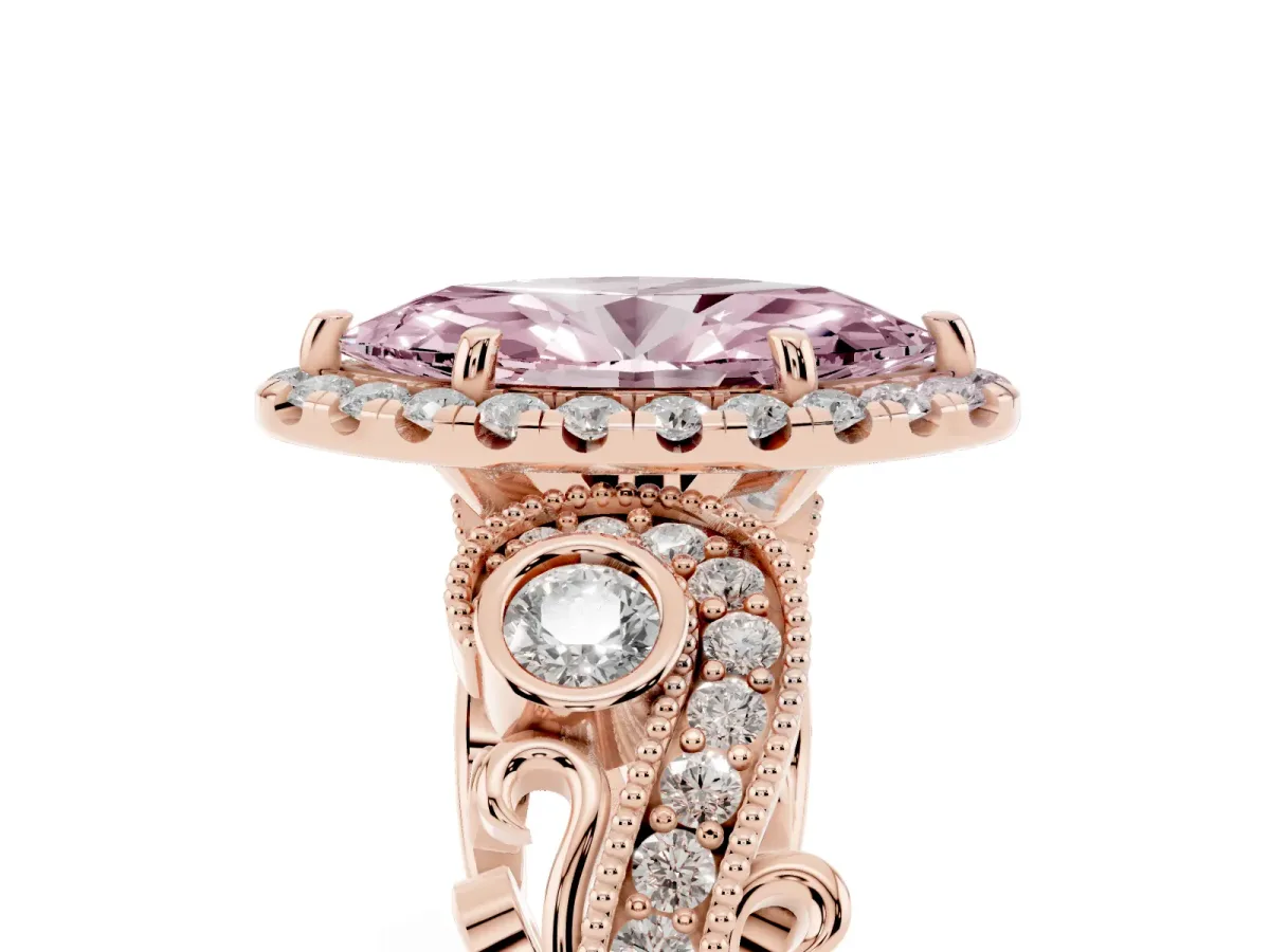 Fancy Pink Marquise Cut Halo Diamond Ring with Milgrain and Bezel Accents on a Split Shank Band Rose gold