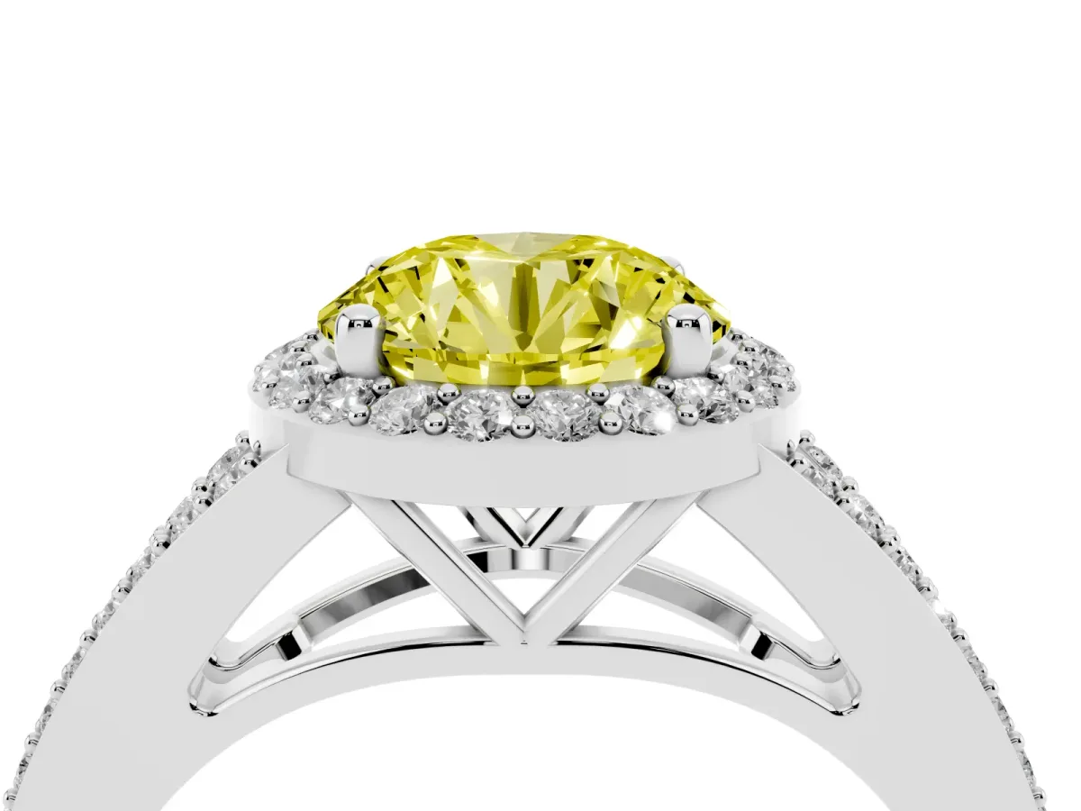 Fancy Yellow Round Cut Halo Split Shank Pave Diamond Ring with Four-Prong Setting Silver