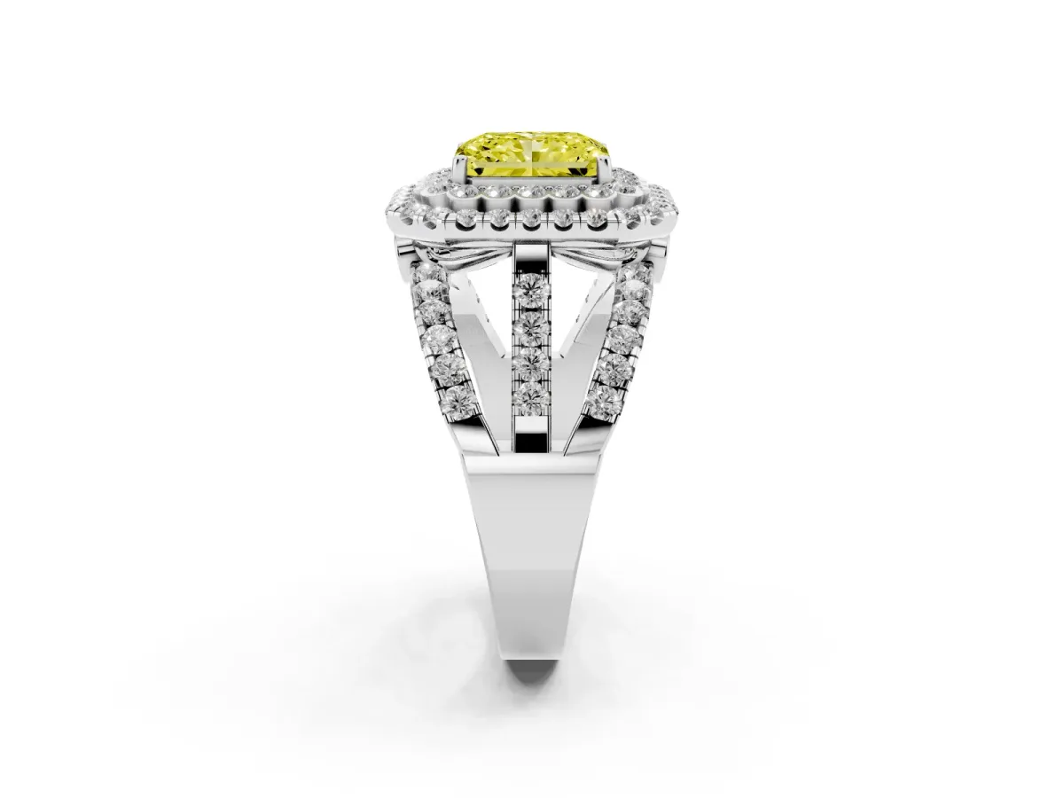 Fancy Yellow Radiant Cut Diamond Double Halo Ring with Round Pavé Split Shank and Prong Setting Silver