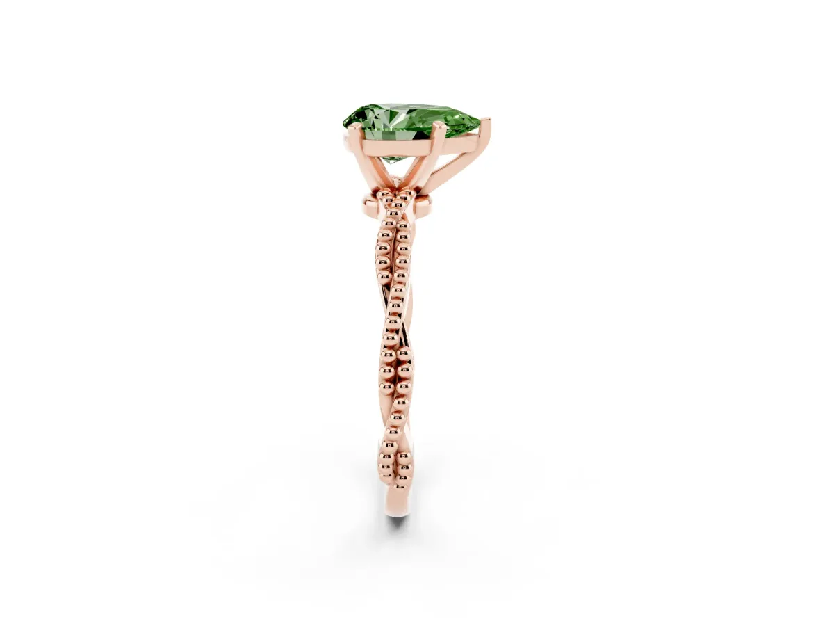 Fancy Green Pear Cut Solitaire Twisted Band with Bead Prong Setting Rose gold