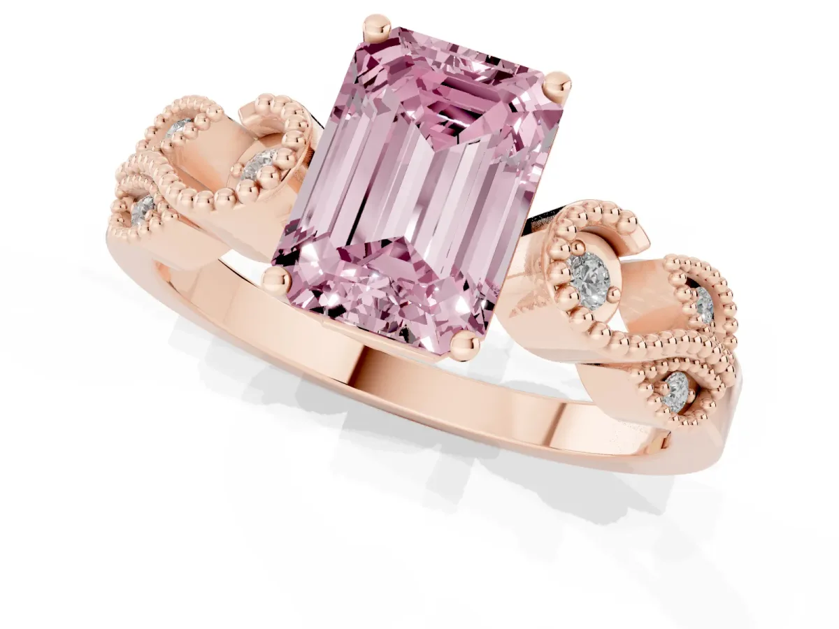 Fancy Pink Emerald Cut Solitaire Milgrain Leaf Band with Prong Setting Rose gold