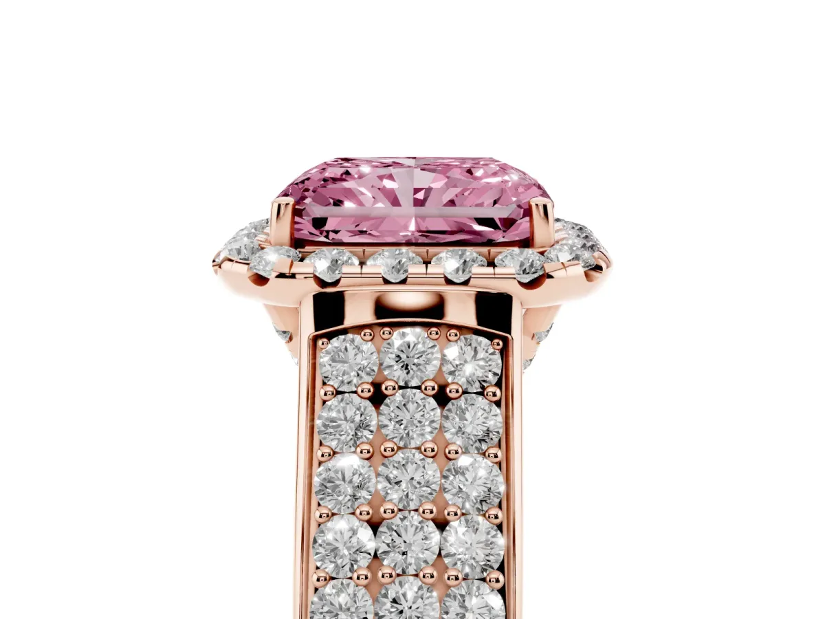 Fancy Pink Radiant Cut Halo Round Diamond Pave Band with Prong Setting Rose gold