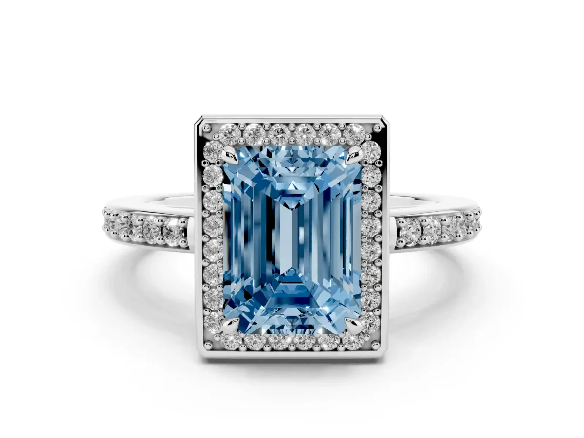 Fancy Blue Emerald Cut Halo Pave Band Solitaire Ring with Prong Setting Silver