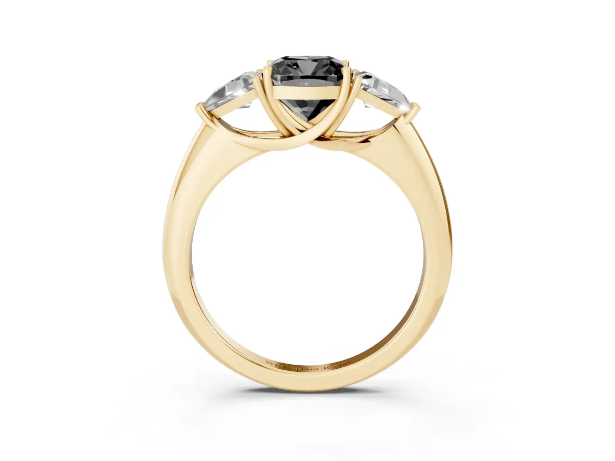 Fancy Black Three-Stone Cushion Cut Diamond Engagement Ring with Trillion Side Stones and Prong Setting Yellow gold