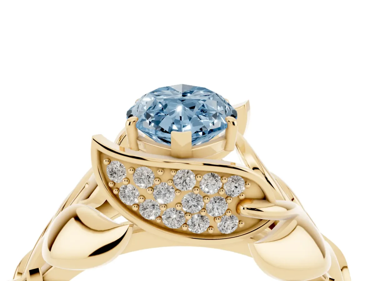 Fancy Blue Marquise Cut Diamond Leaf-Inspired Engagement Ring with Round Accents and Prong Setting Yellow gold