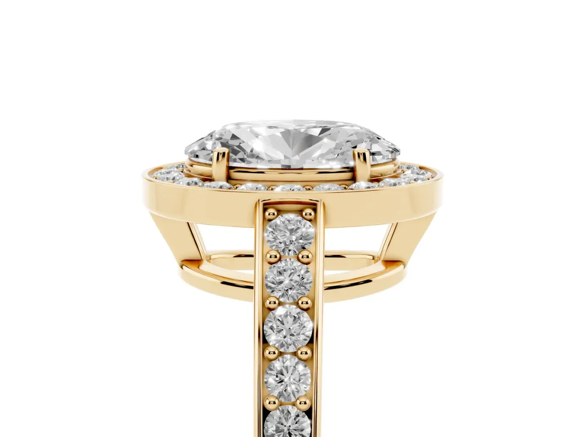Oval Cut Halo Pavé Diamond Engagement Ring with Bezel Setting Yellow gold