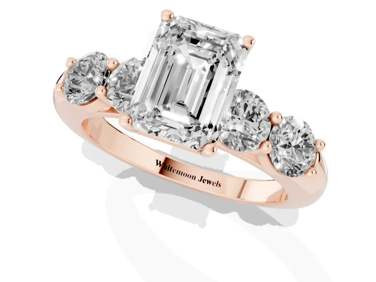 Emerald Cut Cut Five-Stone Prong Set Diamond Ring with Classic Band Rose gold