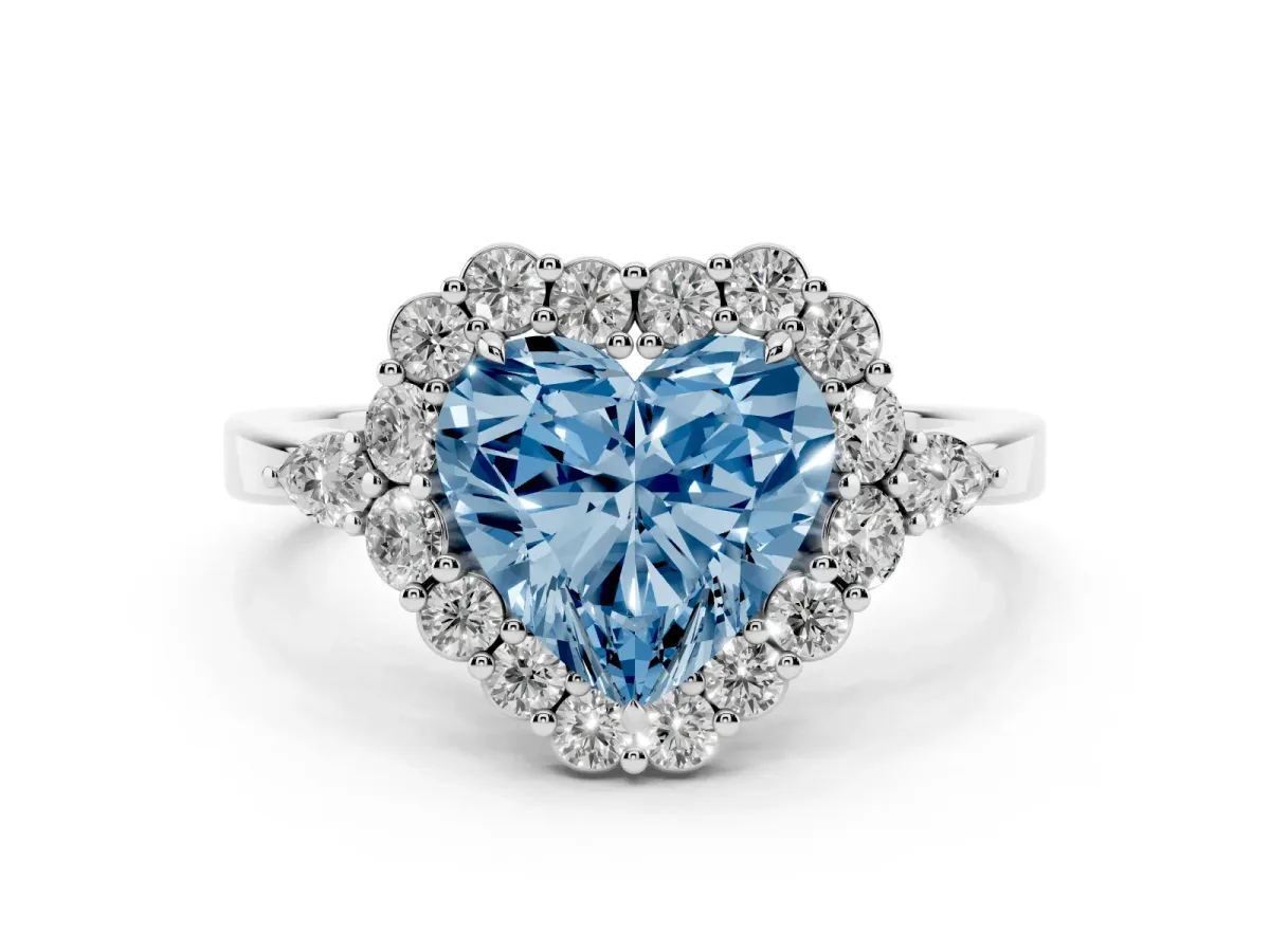 Fancy Blue Heart Cut Diamond Halo Ring with Pear Side Stones and Prong Setting Silver