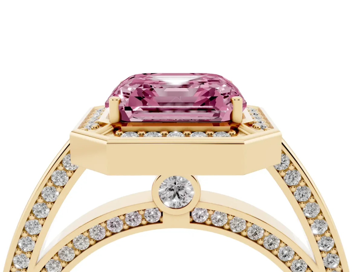 Fancy Pink Asscher Cut Cut Halo Pave Split Shank Prong Setting Ring Yellow gold
