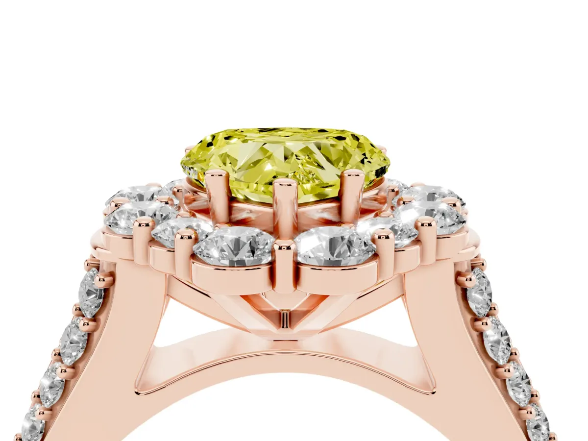 Fancy Yellow Heart Cut Halo Diamond Engagement Ring with Split Shank and Prong Setting Rose gold