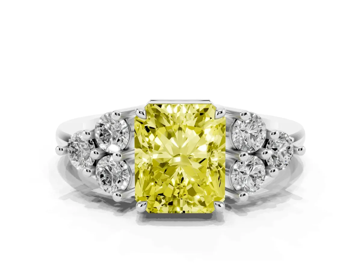 Fancy Yellow Radiant Cut Brilliant Diamond Cluster Accent Solitaire Ring with Prong Setting Platinum