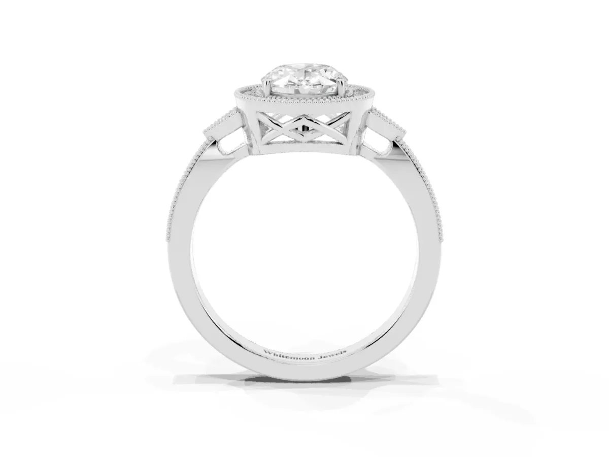 Oval Cut Halo Round Diamond Milgrain Pave Engagement Ring Silver