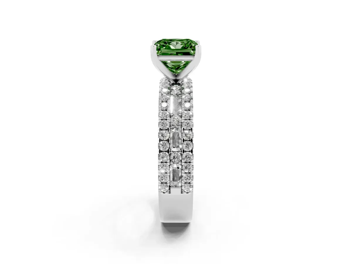 Fancy Green Princess Cut Diamond Solitaire Ring with Pavé and Channel Set Band Platinum