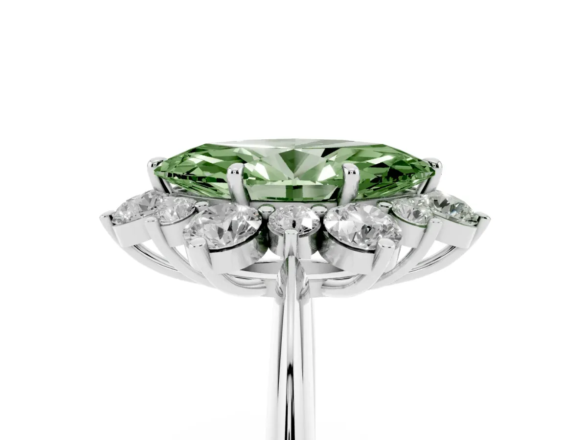 Fancy Green Marquise Cut Diamond Cluster Halo Ring with Solitaire Band and Four-Prong Setting Platinum