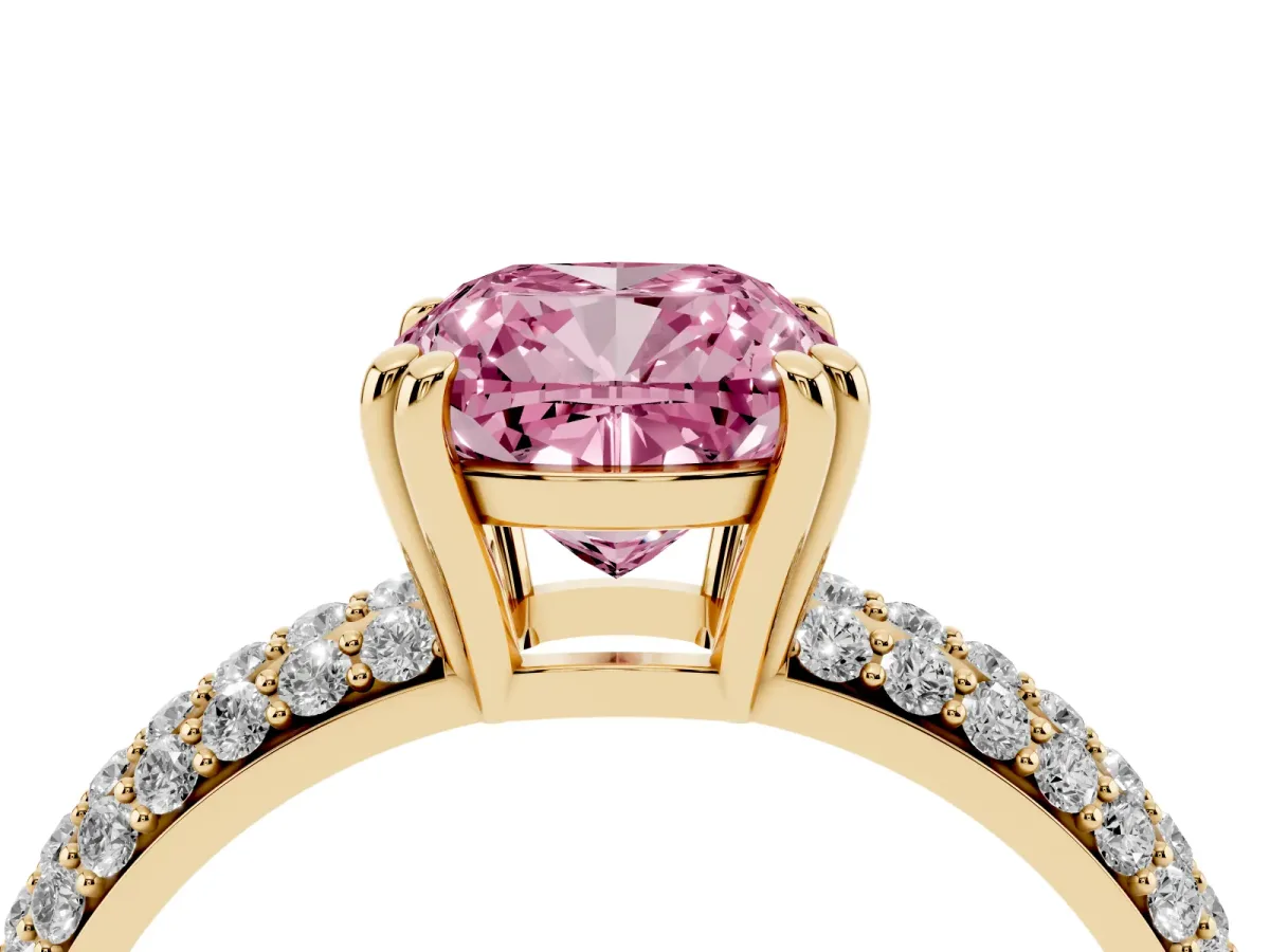 Fancy Pink Cushion Cut Diamond Solitaire Ring with Multi-Row Round Pavé Band and Prong Setting Yellow gold