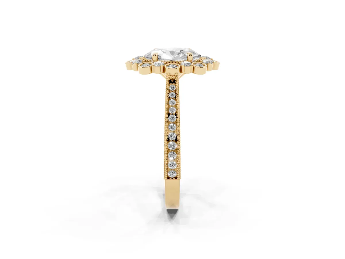 Oval Cut Halo Milgrain Pave Diamond Ring with Four-Prong Setting Yellow gold